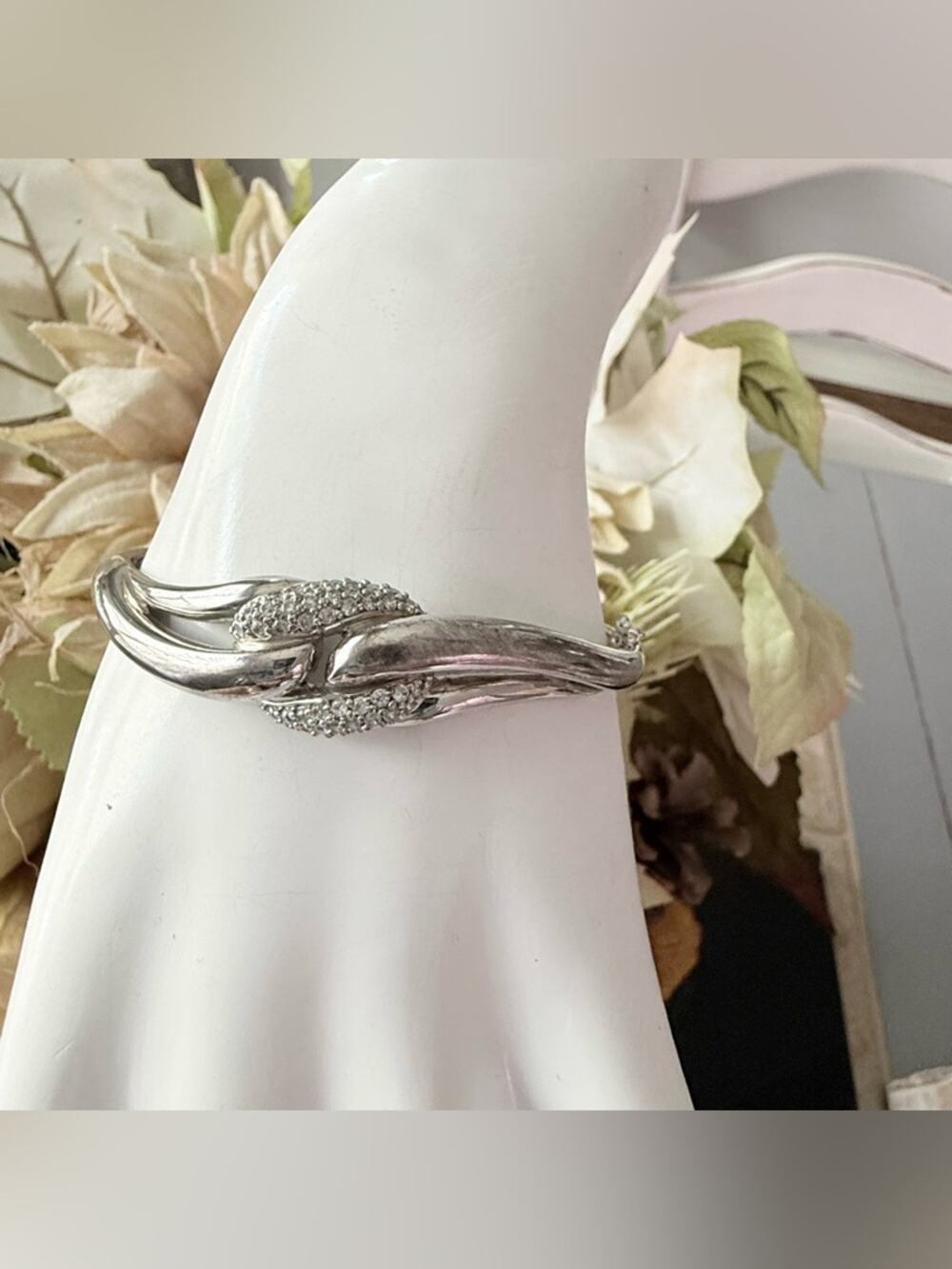 925 Sterling Silver & White Sapphire Hinged Bangle Bracelet